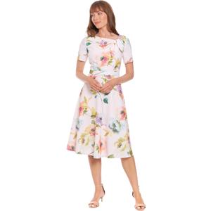 London Times Women's Women's A-line Midi Dress - Short Sleeve Fitted Waist with Bow Detail - Versatile Floral Dresses, 4, Cream/Blue