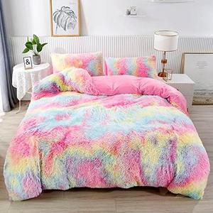 RYNGHIPY 3Pcs Rainbow Girls Bedding Sets Twin Size Ultra Soft Long Hair Plush Shaggy Duvet Cover with Pillowcases Colorful Tie Dye Bedding Set with Hidden Zipper Closure (Colorful Pink,Twin)