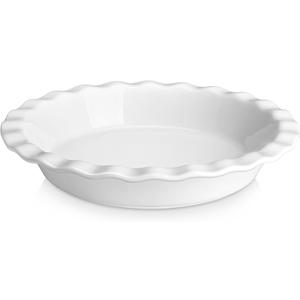 MALACASA Pie Dish for Baking, Stoneware Pie Pan 9 Inch, Embossed Deep Dish Pie Pans, 45 OZ Round Baking Dish Pie Pan, Fluted Dish Pie Plate for Apple Pie, Quiche and Tart, Set of 1, Series LYDIA, Set of 5 plates, White