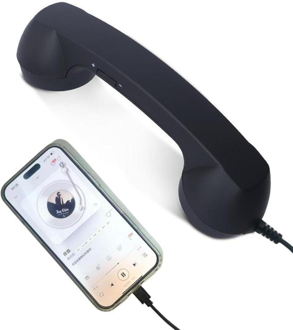 Retro Phone Handset, Vintage Style Landline Handle Receiver with Answer Button, Wired Type-C Adapter for Cell Phones - Compatible with Mobile Calls, Video Conferences & Meetings (Black)
