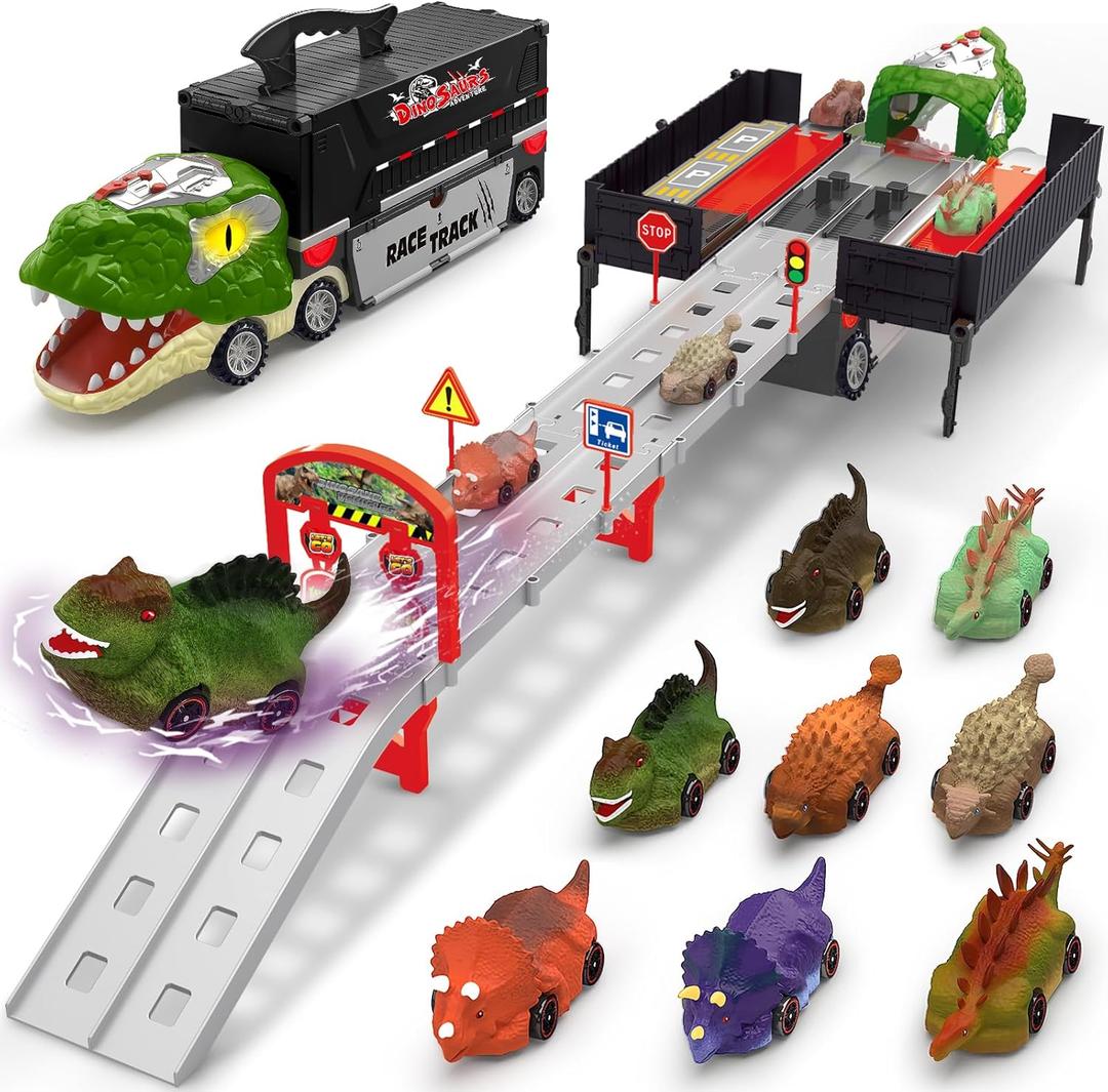Gloween Dinosaur Toys for Kids 3-5, Dinosaur Truck with 8 Small Dinosaur Cars, Birthday Gifts Toys for 3 4 5+ Year Old Boy, Transport Carrier Truck for Toddlers, Great for Grandkids