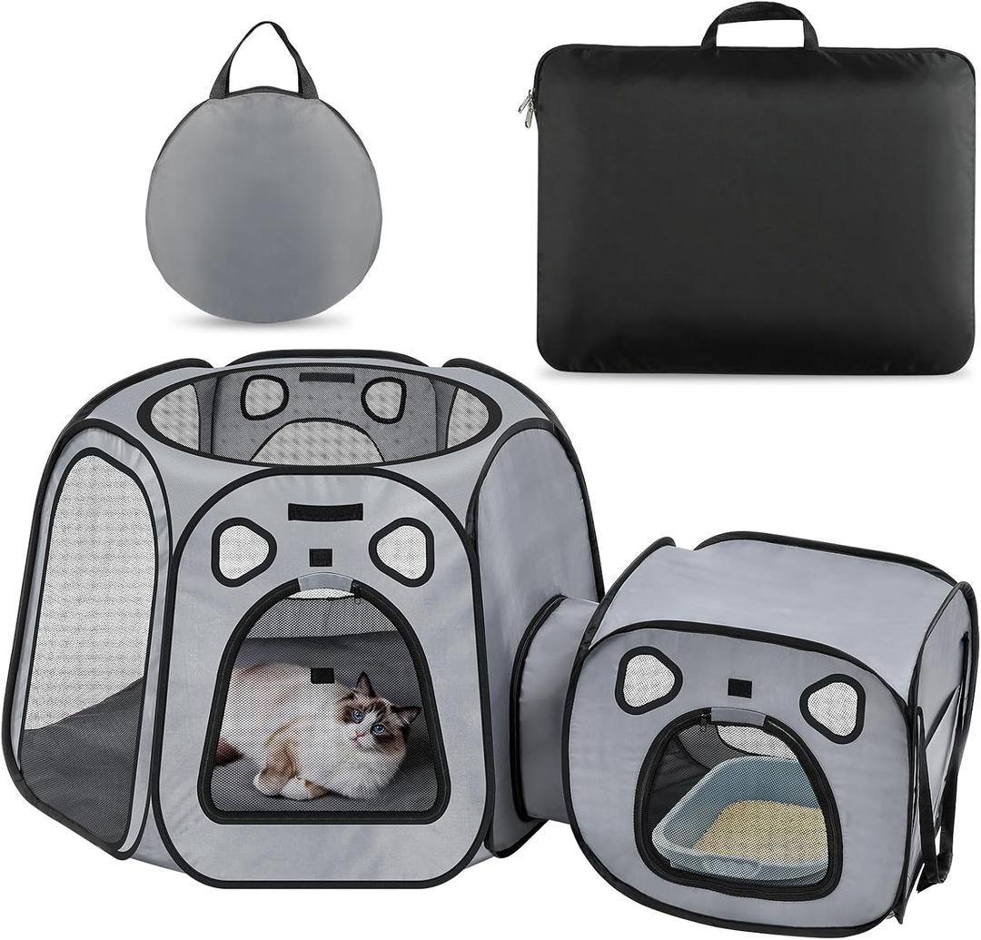 Cat Playpen with Separate Litter Box Area, Large Foldable Waterproof Cat Tent - 600D Oxford, Portable Indoor/Outdoor Pet Enclosure, Cage, House & Condos with Carrybag for Kittens, Small Dogs