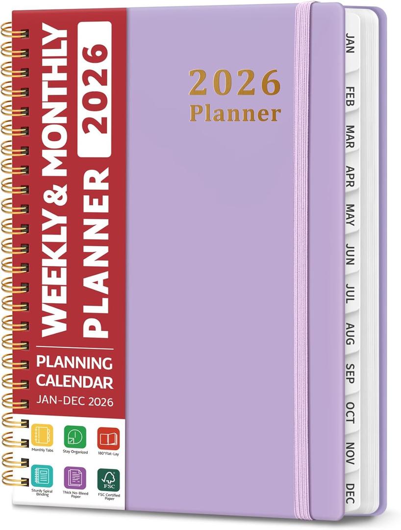 2 x 2026 Planner, Weekly and Monthly Calendar Planner, January 2026 - December 2026, Hardcover 2026 Calendar Book with Tabs For Women & Men, Inner Pocket, Spiral Bound, Perfect for Office Home School Supplies - A5 (6.3" x 8.5"), Purple