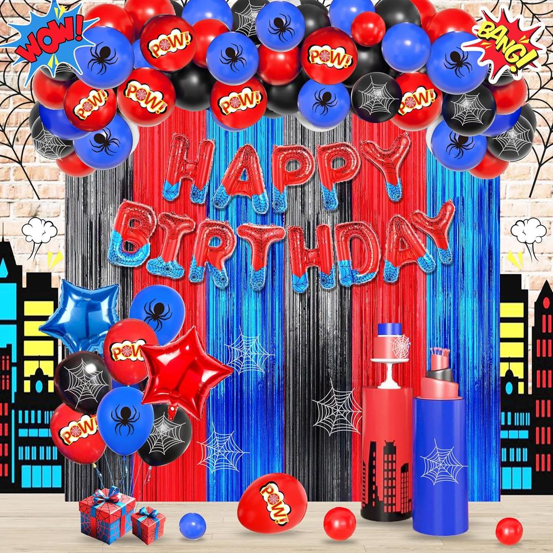 Red Spider Web Birthday Decorations For Boys,Large Number Balloons for Kids Party Decorations,Happy Birthday Banner,Foil Fringe Curtains