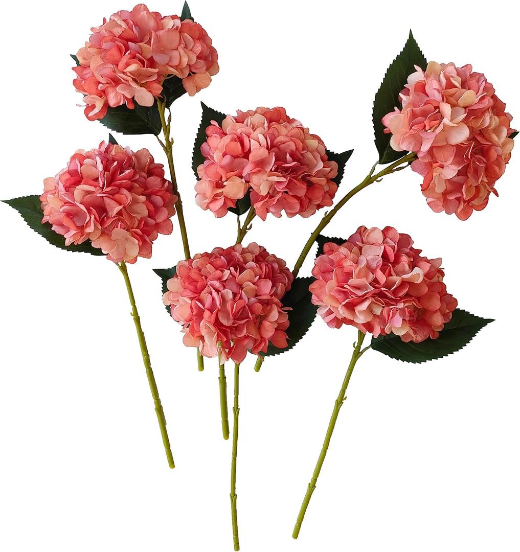 Coral Hydrangea Artificial Flowers,6 Pcs Faux Hydrangea Flowers,Artificial Hydrangeas Flowers with Stems,Fake Hydrangeas,Hydrangea Silk Flowers Color with Stems for Home Decor (6, Coral)