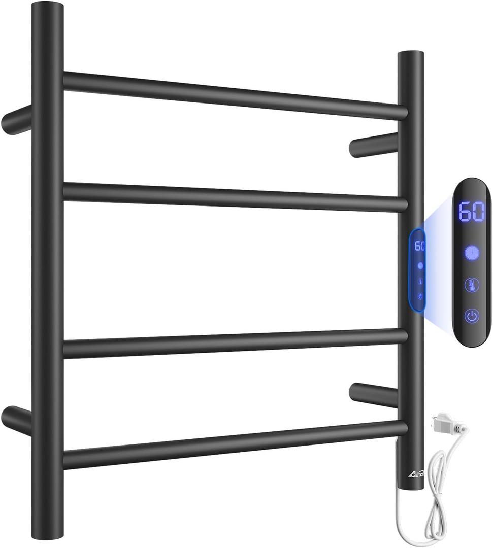 4-Bar Heated Towel Rack for Bathroom, Wall-Mounted Electric Towel Warmer Rack with Timer, Plug-in Stainless Steel Towel Dryer, Matte Black