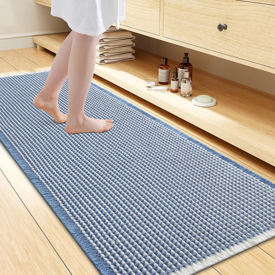 Smiry Waffle Bath Mat 60x24, Extra Soft Absorbent Bathroom Rugs, Non Slip Machine Washable Quick Dry Bath Rugs for Bathroom Floor, Tub, Shower, Home Decor Accessories, Blue & Cream