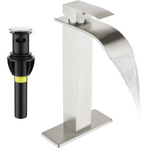 Fransiton Tall Vessel Sink Faucet Brushed Nickel Faucet for Bathroom Sink Tall Waterfall Bathroom Faucet Single Handle 1 or 3 Hole Wash with Pop-up Drain
