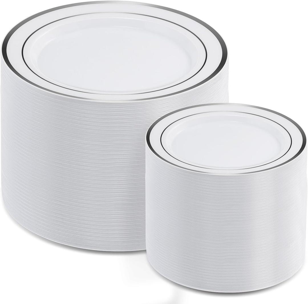 AOZITA 200Pcs Silver Plastic Plates, Disposable Plastic Party Plates for Party, Wedding and Birthday