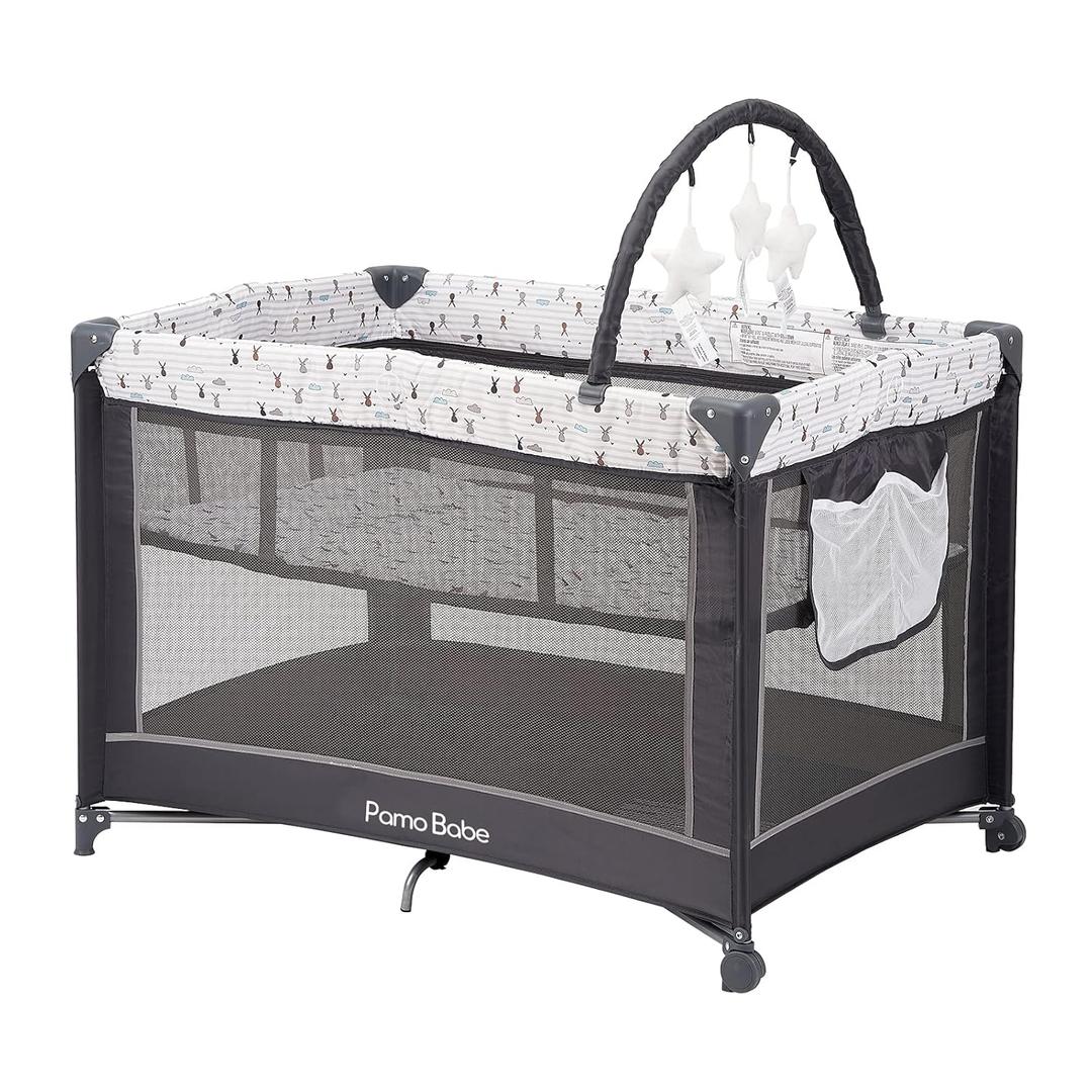 Pamo Babe Portable Playard,Sturdy Play Yard with Padded Mat and Toy bar with Soft Toys (Grey)