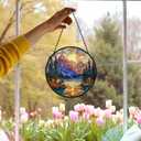 Mountain Forest Sunrise Suncatcher Stained Glass Window Hanging Decor, Camping Nature Landscape Stained Glass Wall Decor, Mountain Garden Sun Catchers Indoor Window Hanging Wall Art, 7.9x7.9In