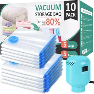 Morecoo Vacuum Storage Bags with Electric Pump & New Air Valve, 10 Pack Space Saver Bags (5 Jumbo/5 Large) for Clothes, Comforters, Blankets - Press & Pump Compression Bags for Travel Essentials