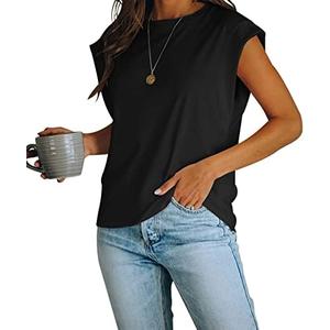 Women's Cap Sleeve Tank Top Crew Neck T Shirts Loose Fit Basic Summer Casual Tee Tops, Size XXL