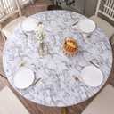 Round Vinyl Fitted Tablecloth with Flannel Backing Elastic Edge Design Table Cover Waterproof Oil-Proof PVC Table Cloth Stain-Resistant Wipeable for Round Table (Large Round Fits Table up 45"-56" Diameter, Marble)