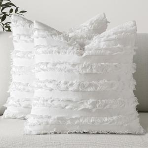 MIULEE Set of 2 Decorative Boho Throw Pillow Covers Linen Striped Jacquard Pattern Cushion Covers for Christmas Sofa Couch Living Room Bedroom 18x18 Inch White