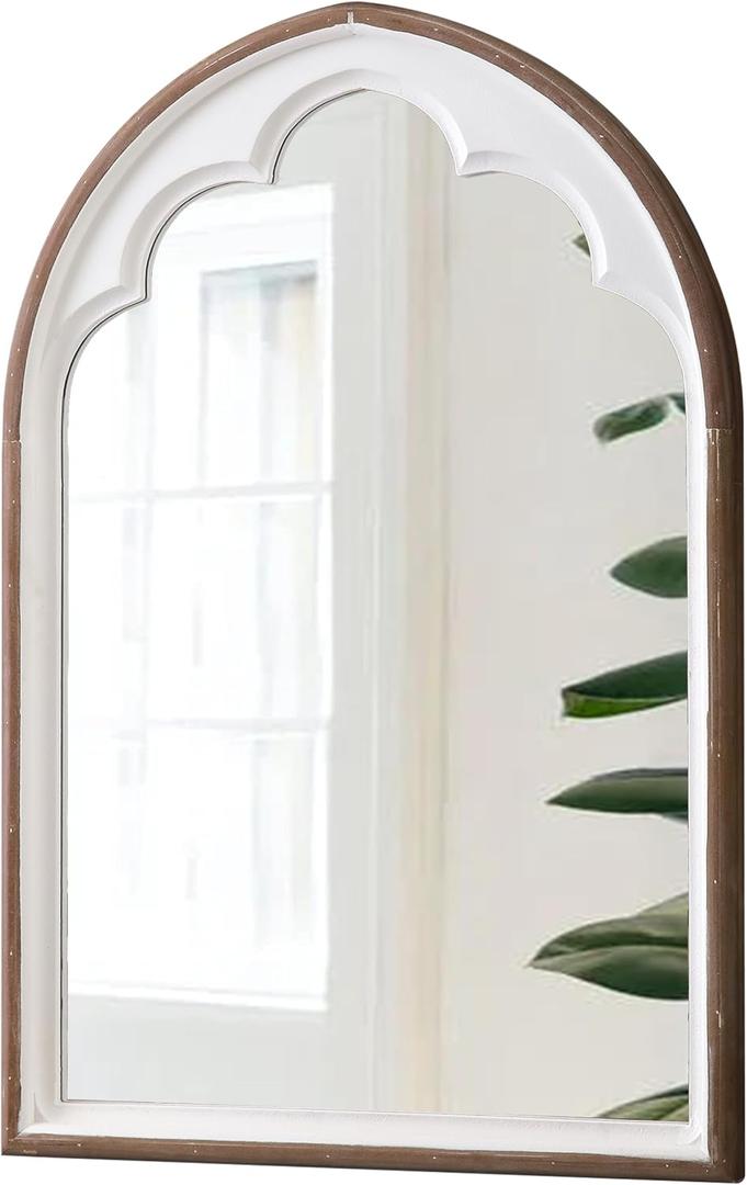 Rustic Wooden Arched Mirrors for Wall 24 X 36 Inch, Hanging Distressed White Vintage Decorative Wall-Mounted Mirrors, Farmhouse Dressing Arch Wall Mirror for Bedroom Bathroom Hallway
