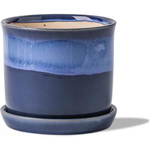 5.8 Inch Plant Pot: Ceramic Planter with Drainage Hole & Saucer for Indoor Outdoor Plants - Flowerpot with Bonded Tray for Home Office - Blue Reactive Glaze