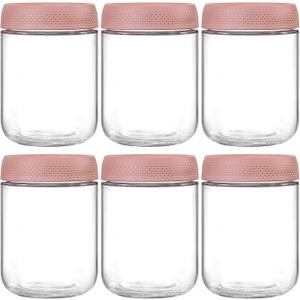 NETANY 6-pack 16oz Glass jars with Airtight Lids, Overnight Oats Containers with Lids, Wide mouth Mason Salad jars, Glass Food Storage Containers for Snacks Yogurt Spice Sugar-Pink