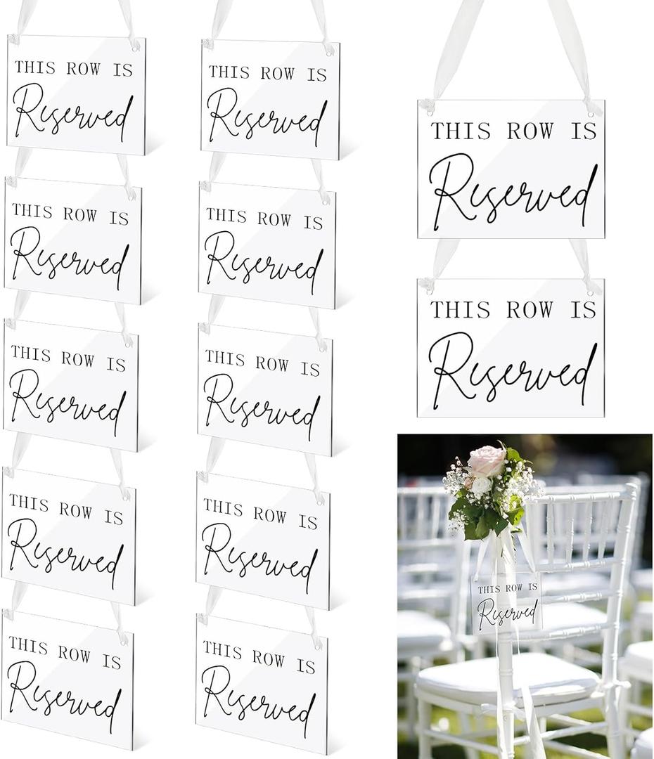 Yousoontic 12 Pack Acrylic Reserved Chairs Signs with Ribbon for Wedding Reception Party Restaurant This Row Is Reserved Signs Hanging for Wedding Church Events Pews Chair