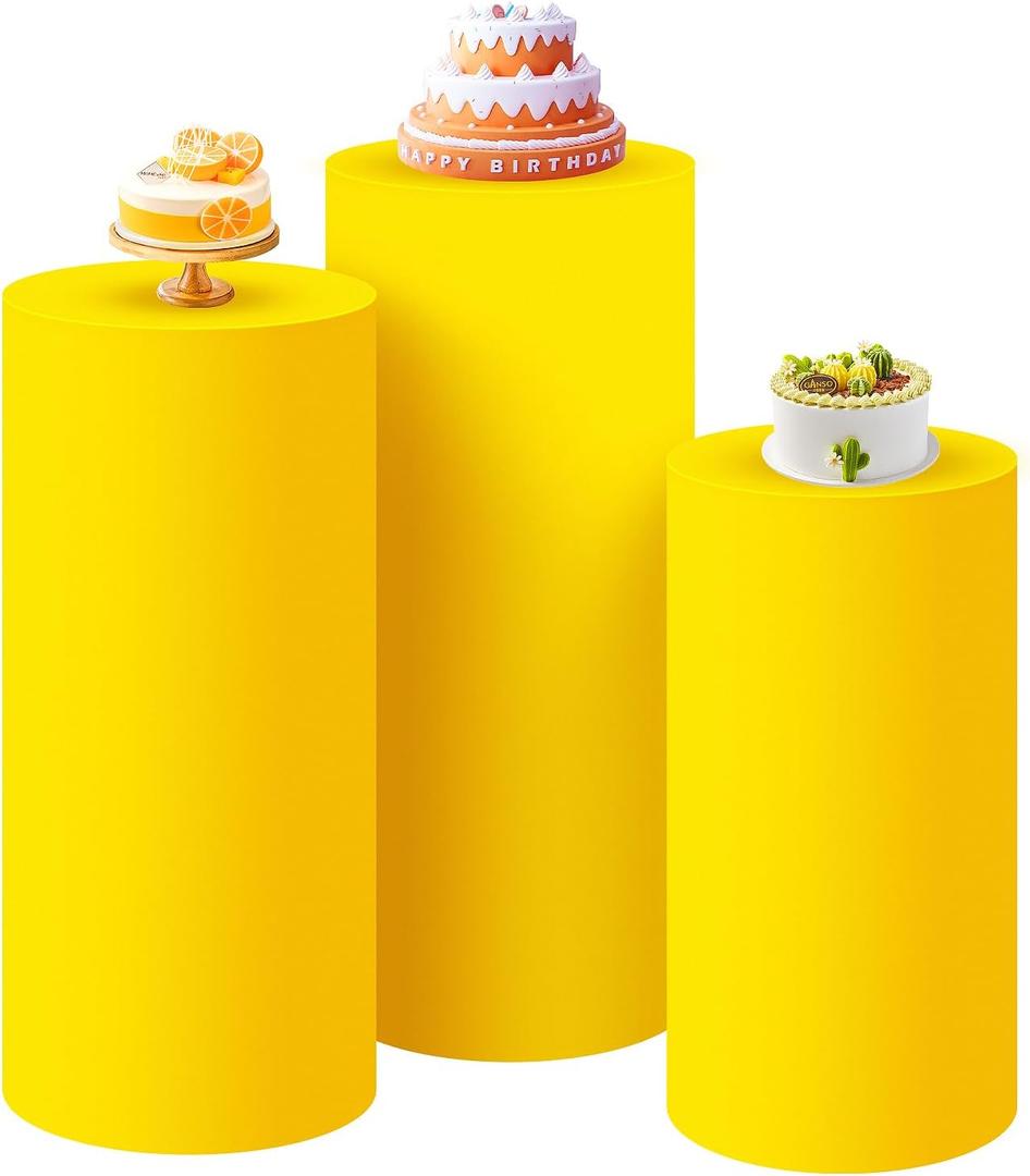 SaitiMade Set of 3 - Yellow Cylinder Pedestal Stand Covers, Spandex Cylinder Stand Covers for Party, Wedding or Birthday Event Decor - Only Contains Cylinder Covers