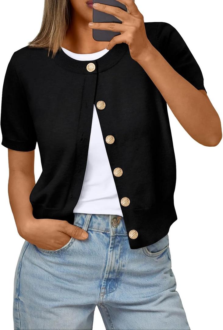 Trendy Queen Short Sleeve Cardigan Sweaters for Women Cropped Tops Summer 2026 Spring Outfits Cute Casual Y2k Fashion Clothes (Black, XL)