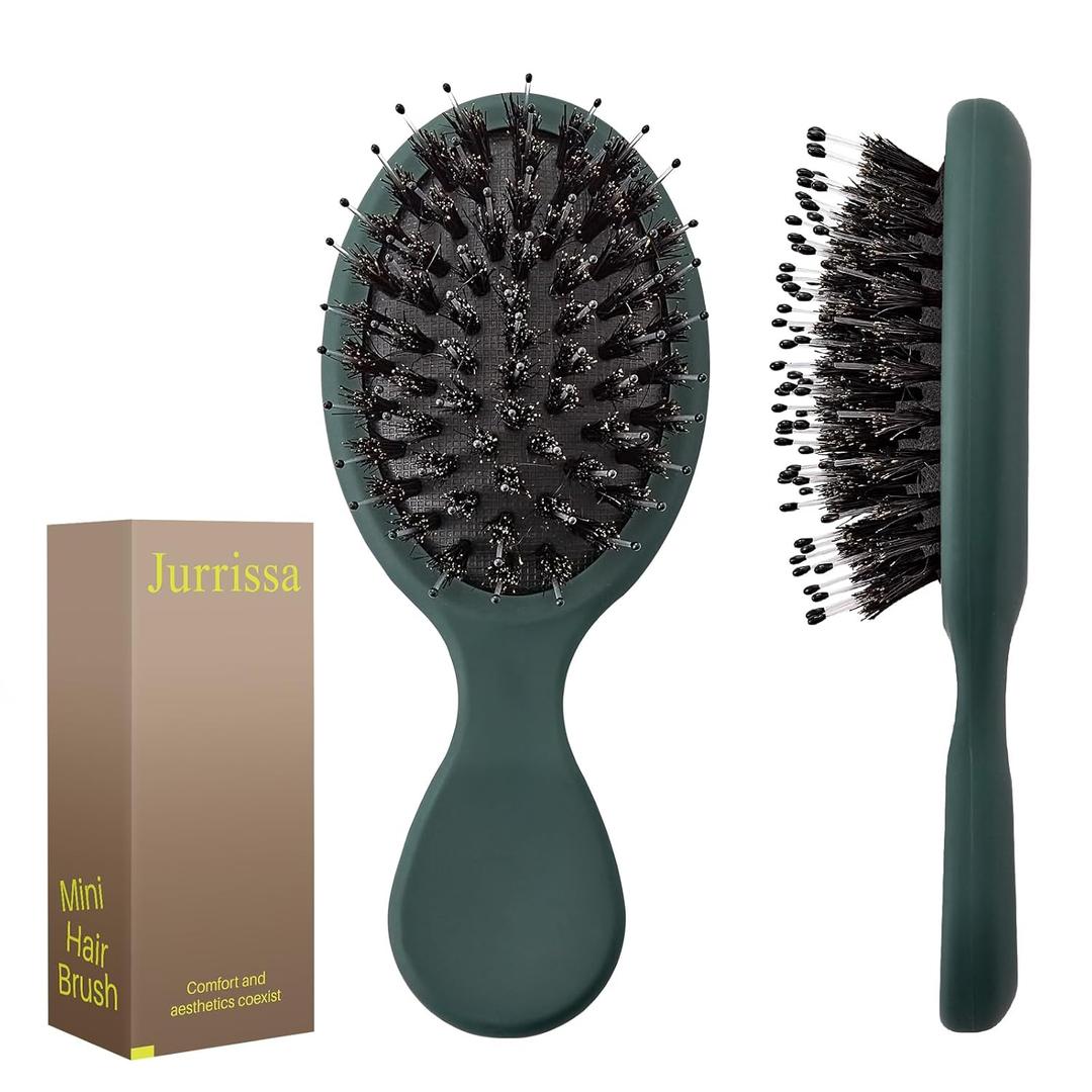 Mini Boar Bristles Hair Bursh, Travel Size Hair Brush for Women Men Kids, Protable Small Hair Brushes for Pockets Purses, Mini Hair Brush for Smooth Add Shine (1 Pack-Green)