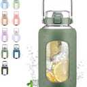 84oz Glass Water Bottle with Stainless Steel Handle,2.5L Gallon Water Bottle with 2-IN-1 Straw Lid, Silicone Sleeve and Motivational Capacity Marker, Wide Mouth Water Jug For Gym, Workout, Olive