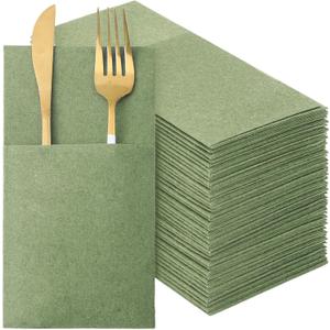 Qilery 50 Pcs Sage Green Paper Linen Napkins with Built in Pocket Flatware Disposable Airlaid Paper Prefolded Dinner Napkins for Silverware Valentine Wedding Party Christmas Day (Classic)