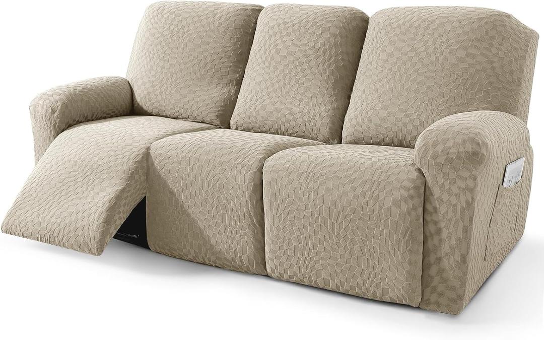 2026 Sofa Recliner Cover 5-Piece (69"-91") Super Soft Recliner Couch Covers with Big Pocket & Anti Slip Ties Stay in Place, Stretch Lazy Boy Reclining Couch Sofa Slipcover Durable Washable, Khaki (3 Seat-Regular)