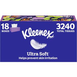 Kleenex Ultra Soft Facial Tissues, 18 Flat Boxes, 180 Tissues per Box, 3-Ply (3240 Total)
