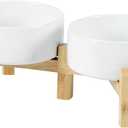 Ceramic Adjustable Raised Double Bowls Set with Stand, 2 Heights Elevated, Food & Water Bowls for Toy Breed Dogs, Cats, Kitty, Weighted Dog Dishes, Pet Bowls(5.1'',13.5OZ, White)
