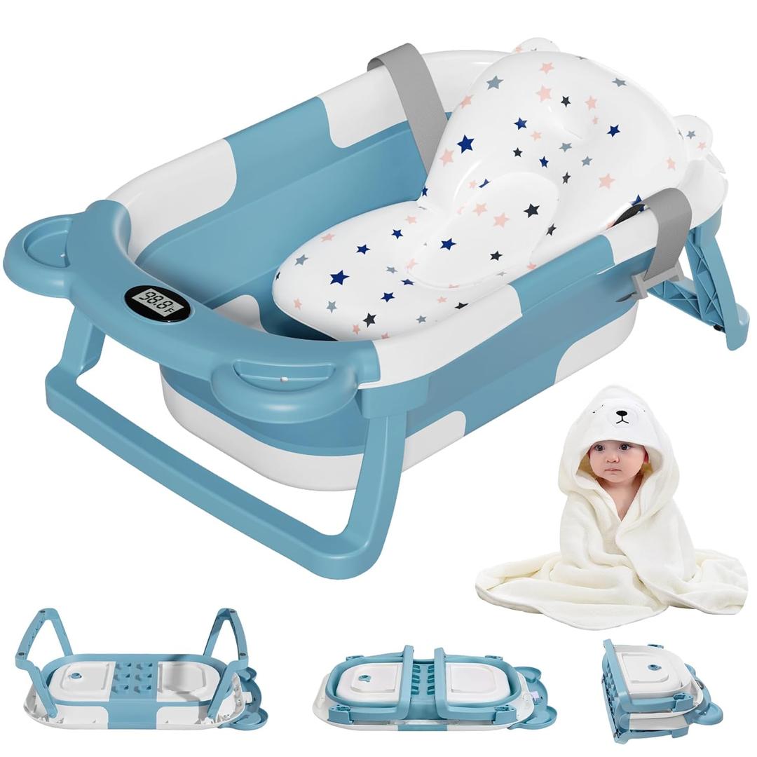MoreFeel Collapsible Baby Bathtub for Newborn with Thermometer & 1 Hooded Towel & 1 Soft Floating Cushion,Portable Travel Bathtub with Drain Hole, Durable Foldable Baby Tubs for Infants to Toddler (Blue)
