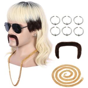 yuehong Long Black Roots Blonde Mens Wig Rock Star Style Mullet Fashion 70s 80s Wig with Moustache Earrings Necklace Heat Resistant Costume Hair