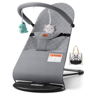 Baby Bouncer, Portable Baby Bouncer Seat, 3-Position Recline Infant Bouncy Seat for Babies 0-18 Months, Ergonomic Bouncy Chair with Hanging Toys, Bio-Inspired Fabric, Rocker & Stationary Modes Grey