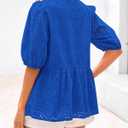 KIRUNDO Peplum Tops for Women 2026 Summer Eyelet Tie Front Blouses Casual Short Lantern Sleeve Cute Y2K Lace Babydoll Shirts (Blue, S)