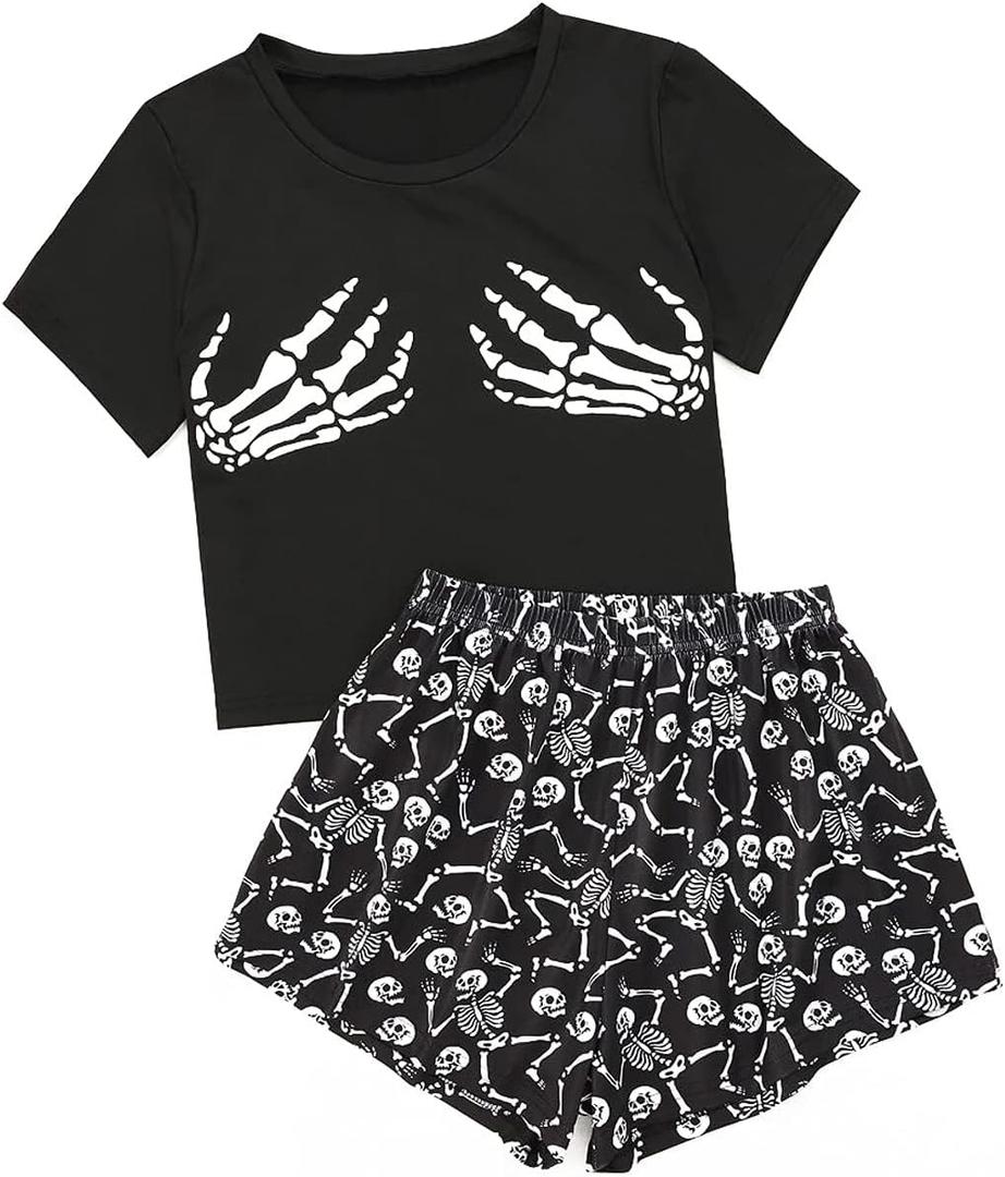 Laqeyko Cute Pajamas for Women Shorts Set Short Sleeve Tops and Shorts Pjs Sets Nightwear Sleepwear (Black, XL)