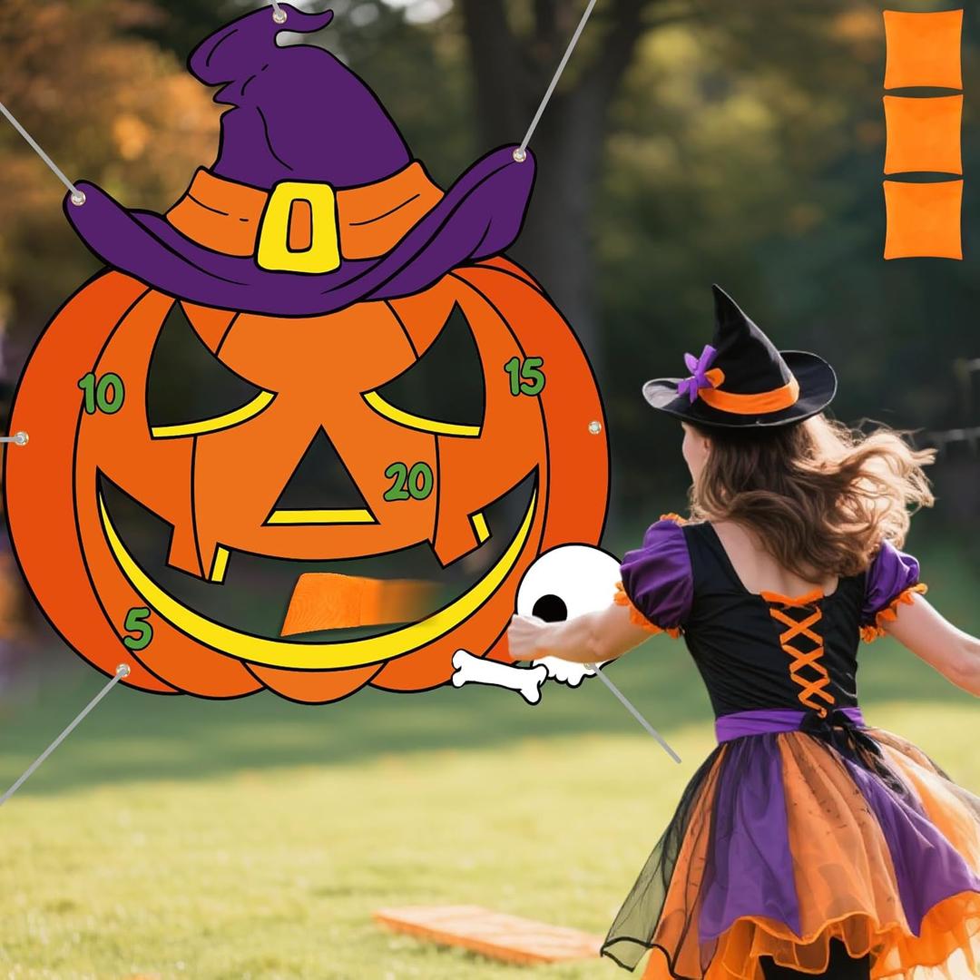 Tiamon Halloween Pumpkin Bean Bag Toss Game Banner with 3 Bean Bags, 47x45 Large Pumpkin Halloween Toss Game, Trick or Treat Party Supplies, Classroom Carnival Fall Festival Activities