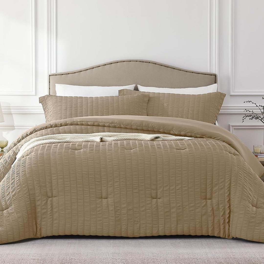 Quataly Brown King Comforter Set - 3 Pieces Seersucker Lightweight Bedding Comforter Sets (1 Soft Fluffy Comforter & 2 Pillowcases) - All Seasons Cozy Modern Bed Sets