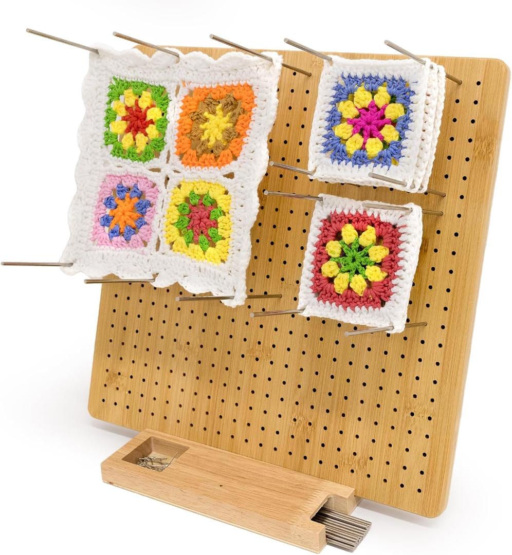 13" Crochet Blocking Board-Granny Square Blocking Board with 15 Stainless Steel Pegs, Crochet Blocking Board with Pegs, Bamboo Blocking Boards for Crochet Projects, Knitting Blocking Mats