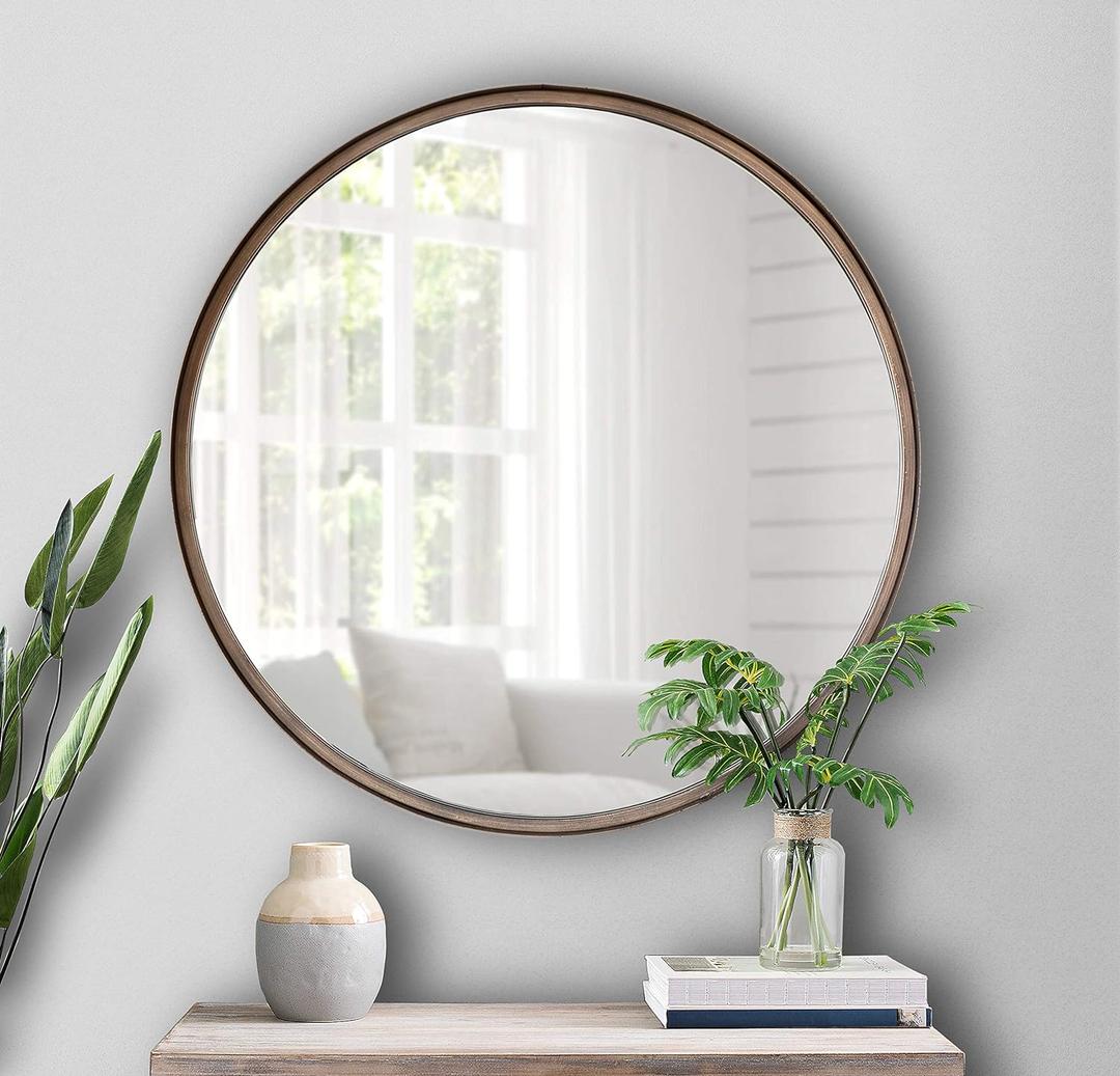 HBCY Creations Large Round Mirror, 27.5 inch Brushed Bronze Wall Mirror with Handcrafted Oil Rubbed Frame, Metal Framed Decorative Hanging Mirror for Both Rustic and Boho Design and Decor