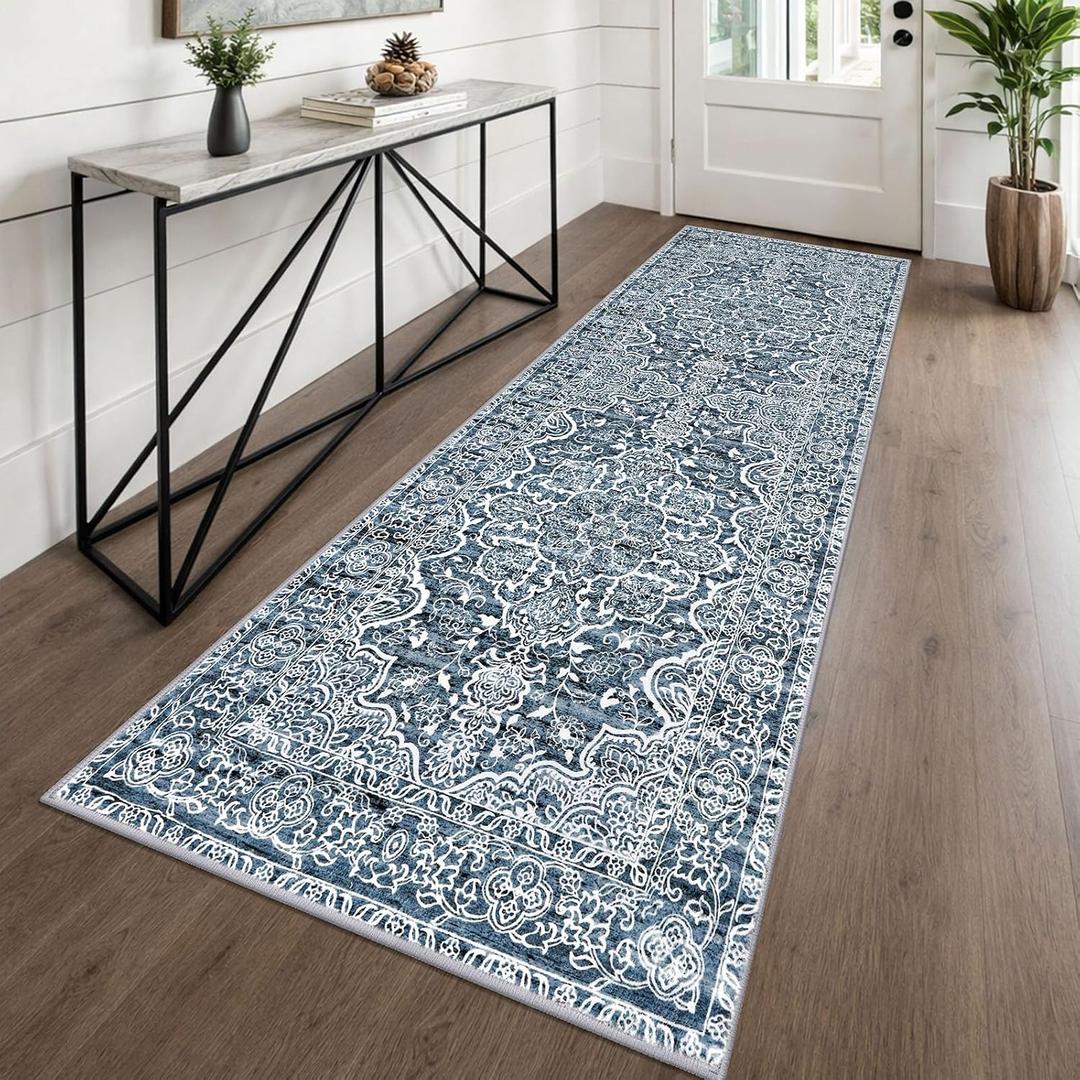 KUTA Vintage Washable Runner Rug, 2.6x8 Runners for Hallways Non-Slip Blue White Kitchen Rugs Ultra Soft Printed Tribal Floor Carpet for Bedroom Living Room Nursery Playroom