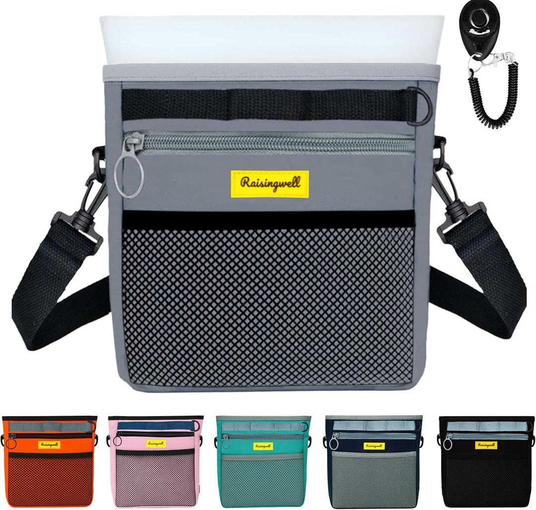 Dog Treat Pouch with Magnetic Closure 4-Cup Silicone Bag Fanny Pack Holder with Clicker 4 Ways to Wear Front Pocket Fits All Phones Ideal for Leash, Pet Walking and TrainingGray