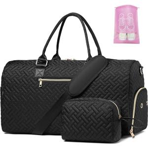 Duffle Bag for Travel, Weekender Bag with Shoe Compartment, Carry On Overnight Bag for Women with Toiletry Bag Duffel Bags with Wet Pocket for Gym Hospital Bags for Labor and Delivery Black