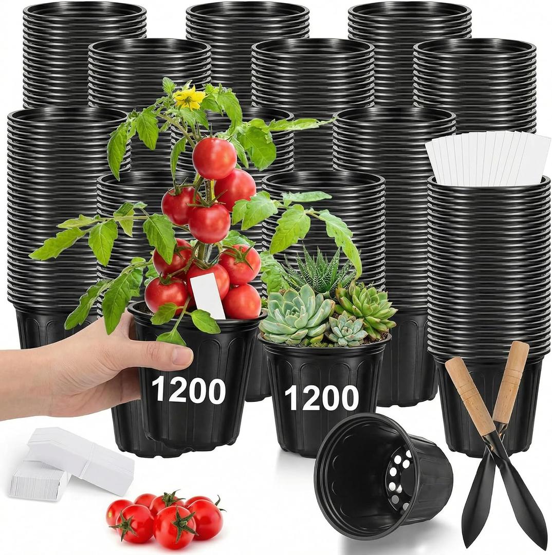 1200 Pcs 1 Gallon Plastic Plants Nursery Pots Bulk with Plant Labels, Thickened Soft Black Seedling Pots with Drainage Holes, Flower Plant Containers with Shovel for Seed Succulents Supply
