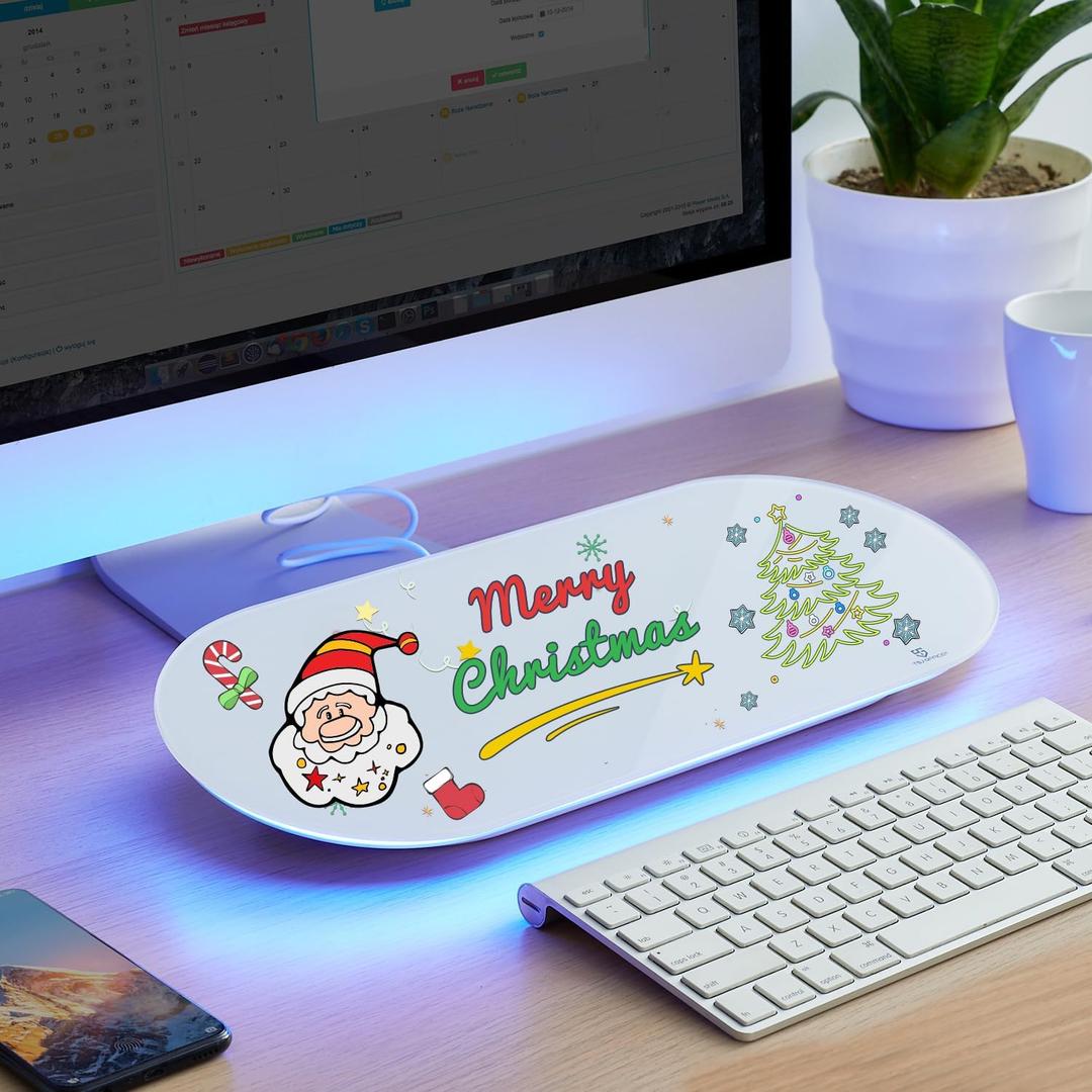 TSJ OFFICE Glass Desktop Whiteboard - 17 X 7 Inches Small Dry Erase Board with Blue Light, Glass White Board Surface Notepad with 1 Drawer, Desk Organizers for Office, Home, School Supplies