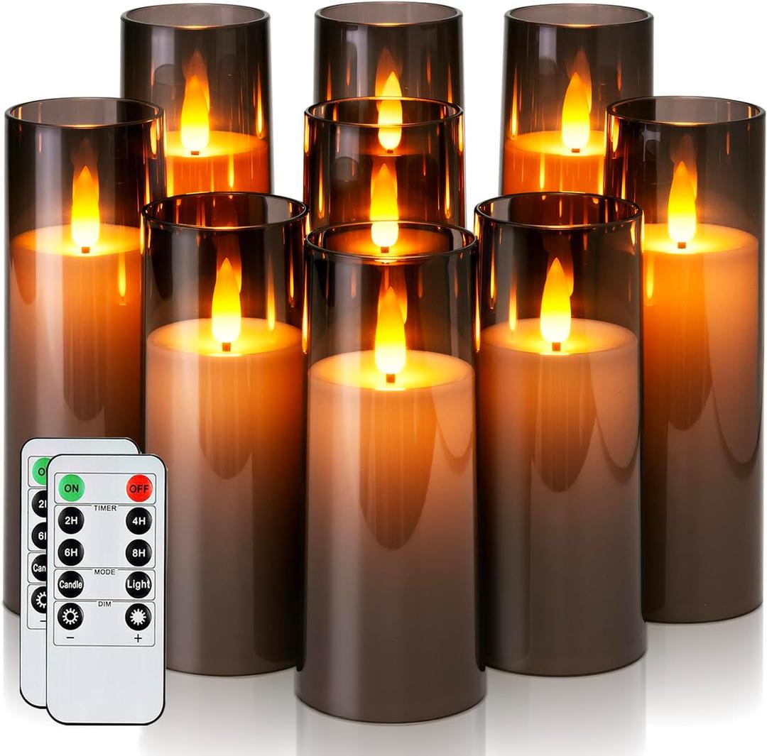 Homemory Decorative Flameless Candles, Battery Operated Candles with Remote & Timer, Flickering Led Pillar Candles, Plexiglass, Grey, Pack of 9, D2.2 xH 5" 6" 7" (Gray)