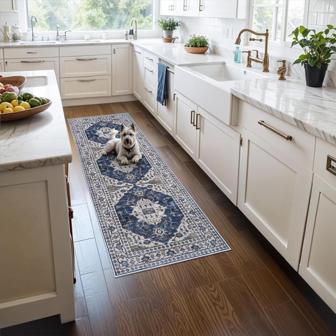 2x5 Washable Hallway Runner Rug: Indoor Farmhouse Entryway Kitchen Rugs Oriental Thin Non-Slip Water Resisitant Carpet for Bathroom Laudry Ultra Soft Floor Mat for Living Room Bedroom(2X5,Blue)