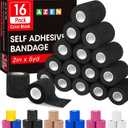 AZEN 16 Pack Self Adhesive Bandage Wrap Black, 2" X 5 Yards Black Athletic Tape, Vet Wrap, Tattoo Grip Tape Wrap Ankle Tape, Cohesive Bandage Wrap