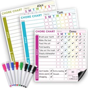 3 Pcs Behavior Reward Chore Chart for Multiple Kids, Teens & Adults - Pocket Charts - Fridge Magnetic Whiteboard Set - 3 Individual Dry Erase Responsibility Charts (10x10 Inches Each) & 8 Markers