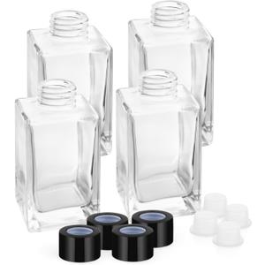 4 Pack 120ml/4.06oz Clear Glass Diffuser Bottles Square Refillable Fragrance Diffuser Jars Essential Oil Containers with Black Caps for DIY Replacement Reed Diffuser Set